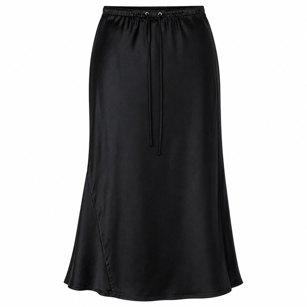 Zara Womens Skirt L Black Satin Midi Maxi Drawstring Waist Gorpcore Minimalist